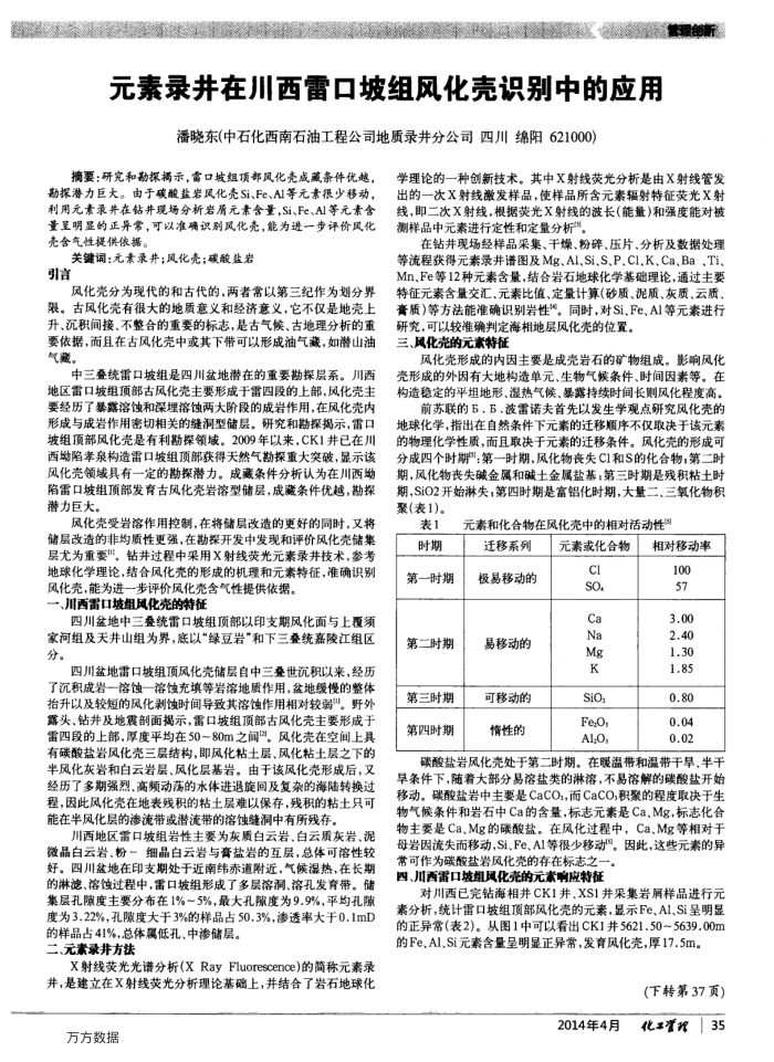 元素录井在川西雷口坡组风化壳识别中的应用