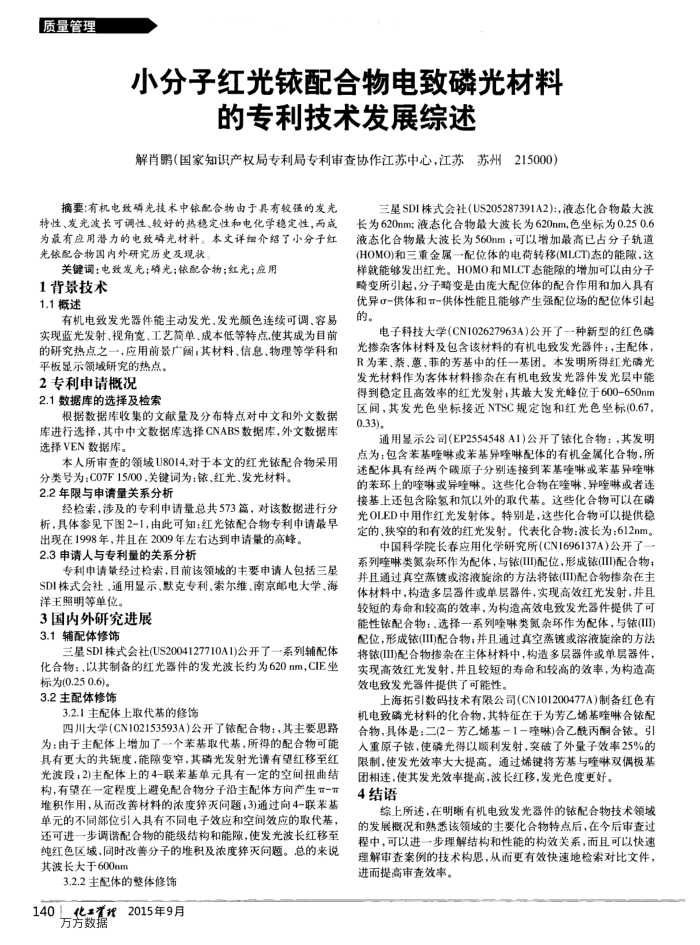 小分子红光铱配合物电致磷光材料的专利技术发展综述