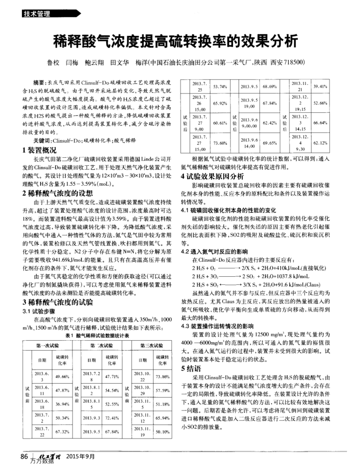 稀释酸气浓度提高硫转换率的效果分析