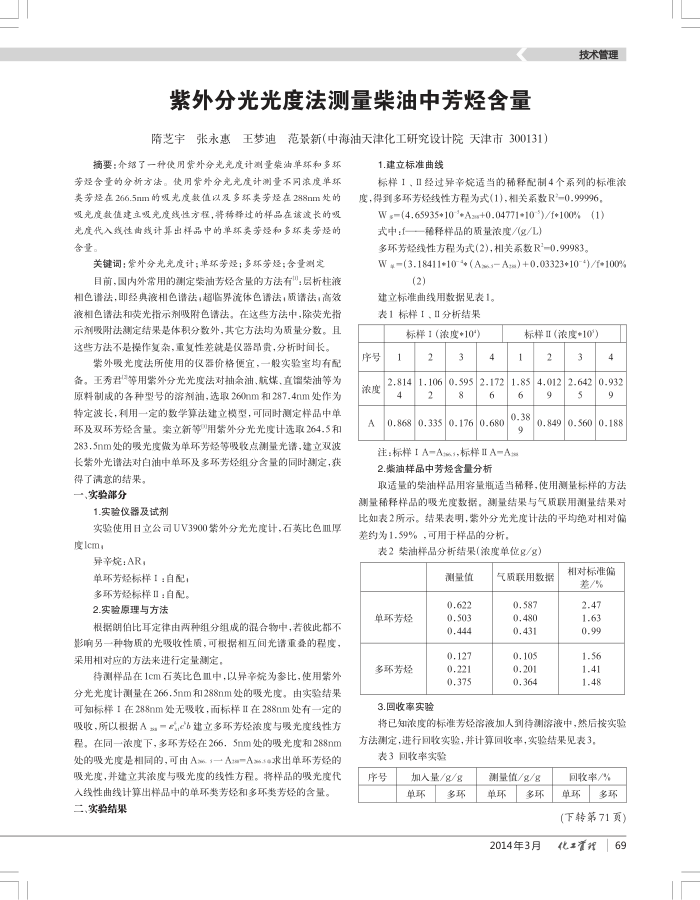 紫外分光光度法测量柴油中芳烃含量