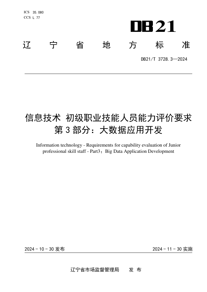 DB21/T 3728.3-2024 信息技术初级职业技能人员能力评价要求 第3部分:大数据应用开发