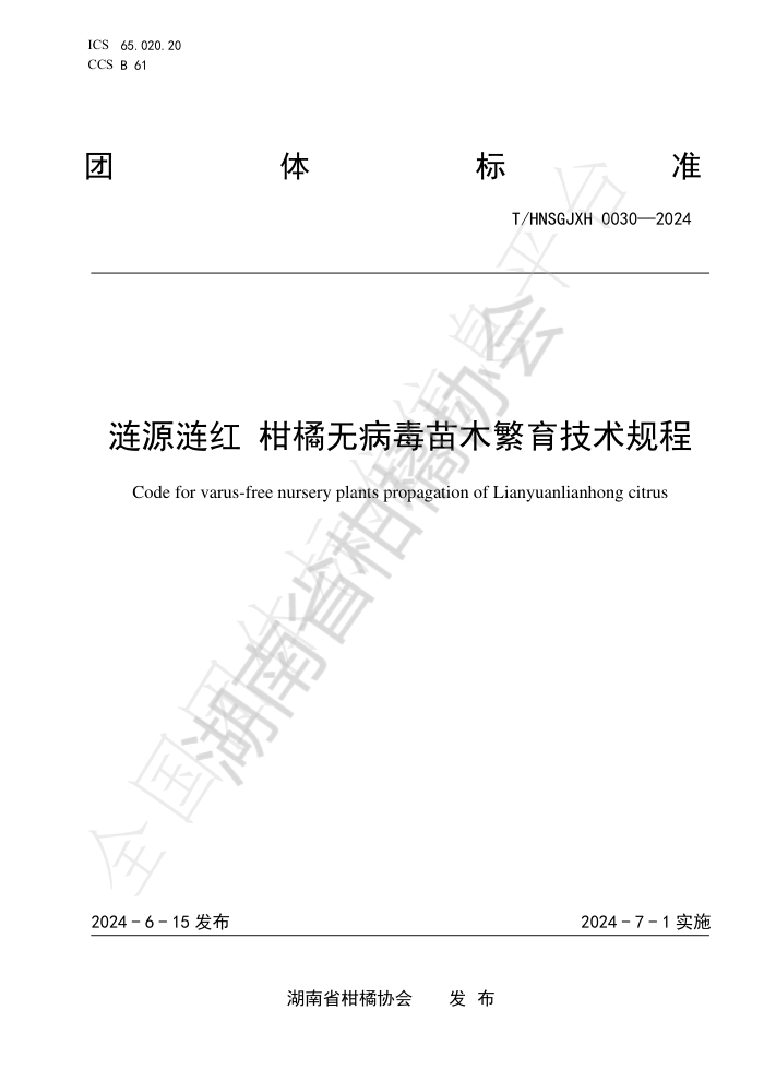 T/HNSGJXH 0030-2024 涟源涟红 柑橘无病毒苗木繁育技术规程