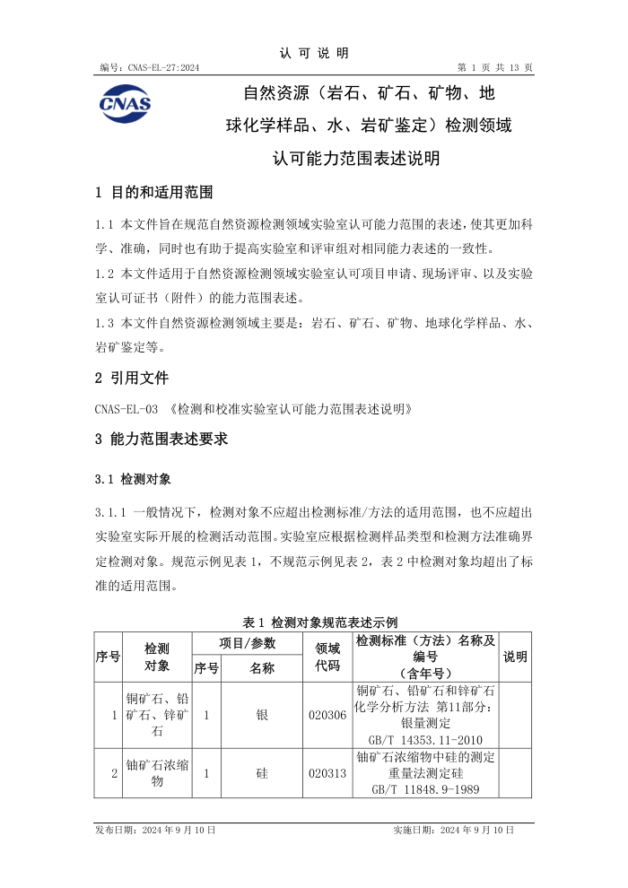 CNAS-EL-27:2024 自然资源(岩石、矿石、矿物、地球化学样品、水、岩矿鉴定)检测领域认可能力范围表述说明