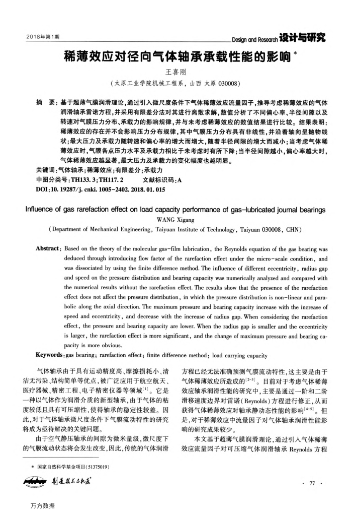 稀薄效应对径向气体轴承承载性能的影响