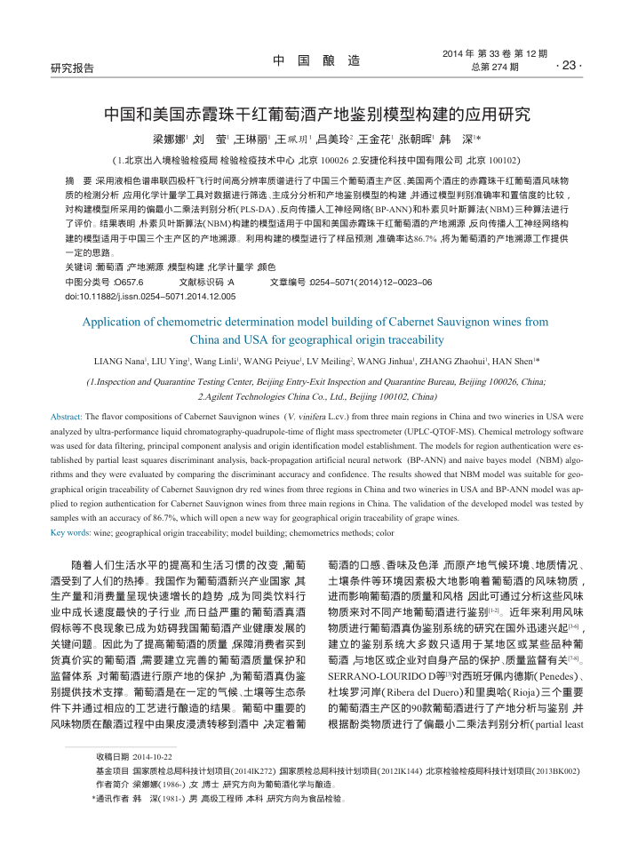 中国和美国赤霞珠干红葡萄酒产地鉴别模型构建的应用研究