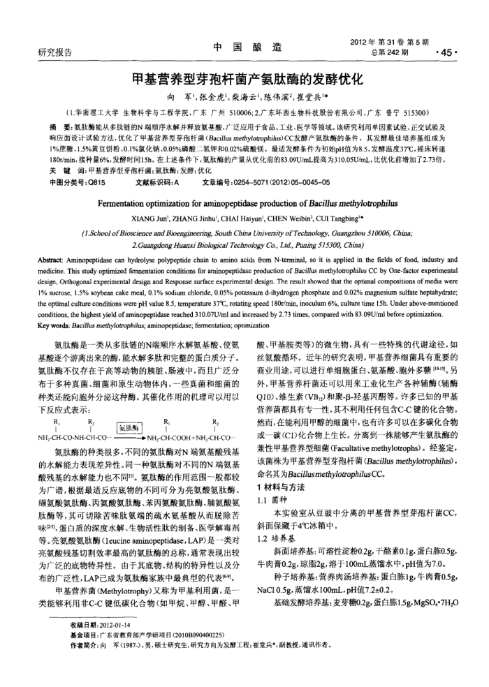 甲基营养型芽孢杆菌产氨肽酶的发酵优化