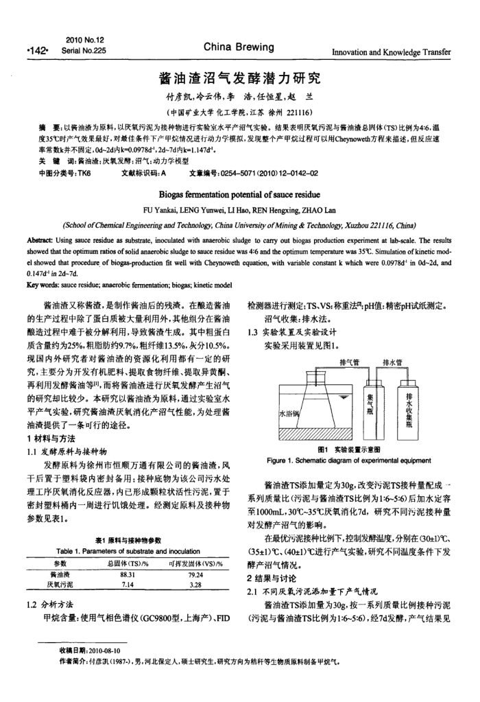 酱油渣沼气发酵潜力研究