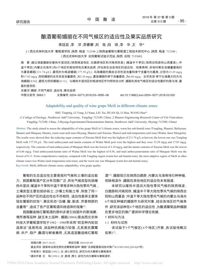酿酒葡萄媚丽在不同气候区的适应性及果实品质研究