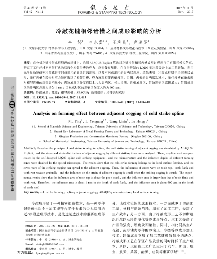 冷敲花键相邻齿槽之间成形影响的分析