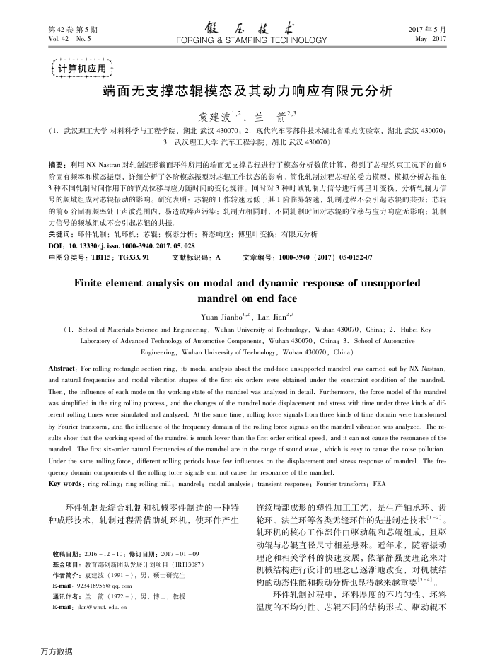端面无支撑芯辊模态及其动力响应有限元分析