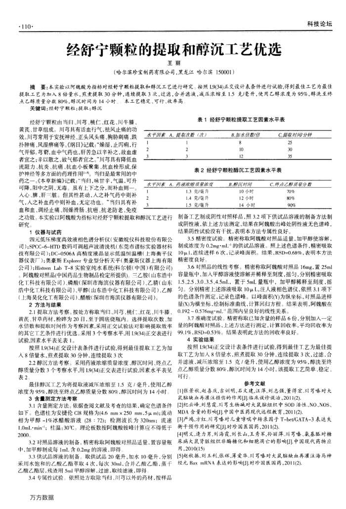 经舒宁颗粒的提取和醇沉工艺优选