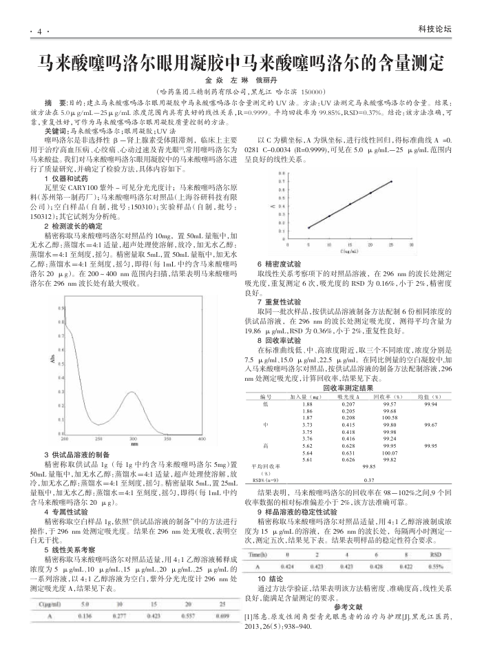 马来酸噻吗洛尔眼用凝胶中马来酸噻吗洛尔的含量测定