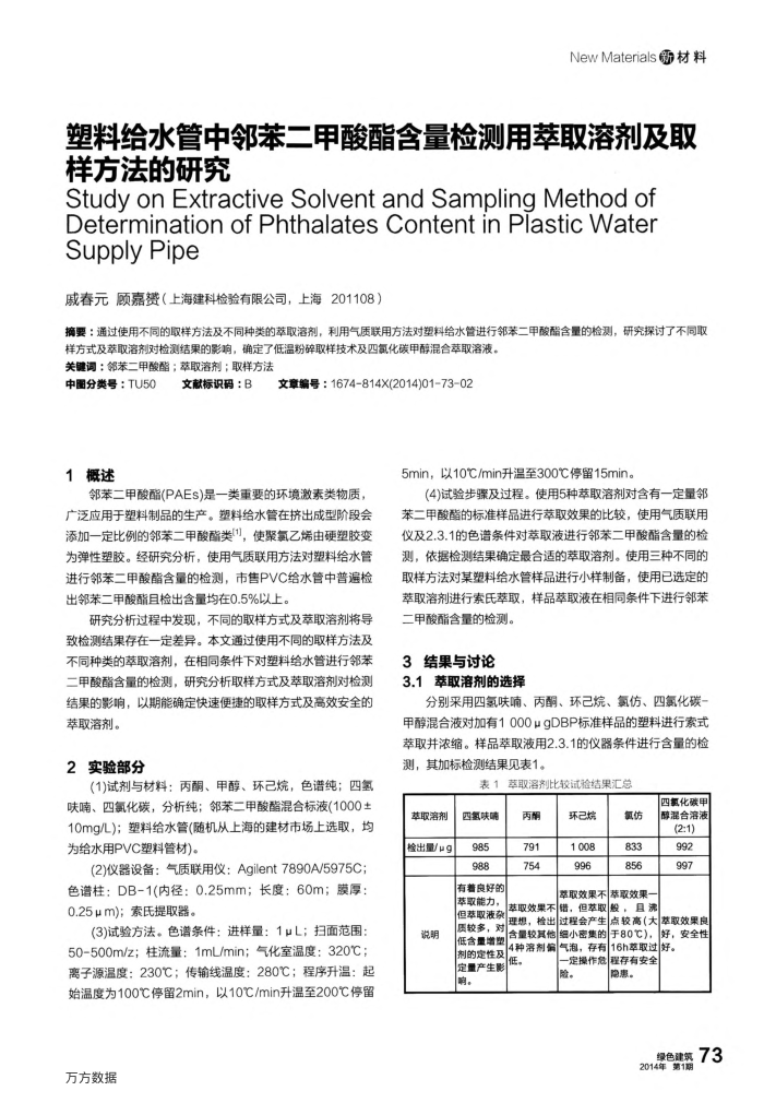 塑料给水管中邻苯二甲酸酯含量检测用萃取溶剂及取样方法的研究