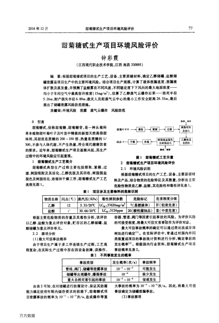 甜菊糖甙生产项目环境风险评价
