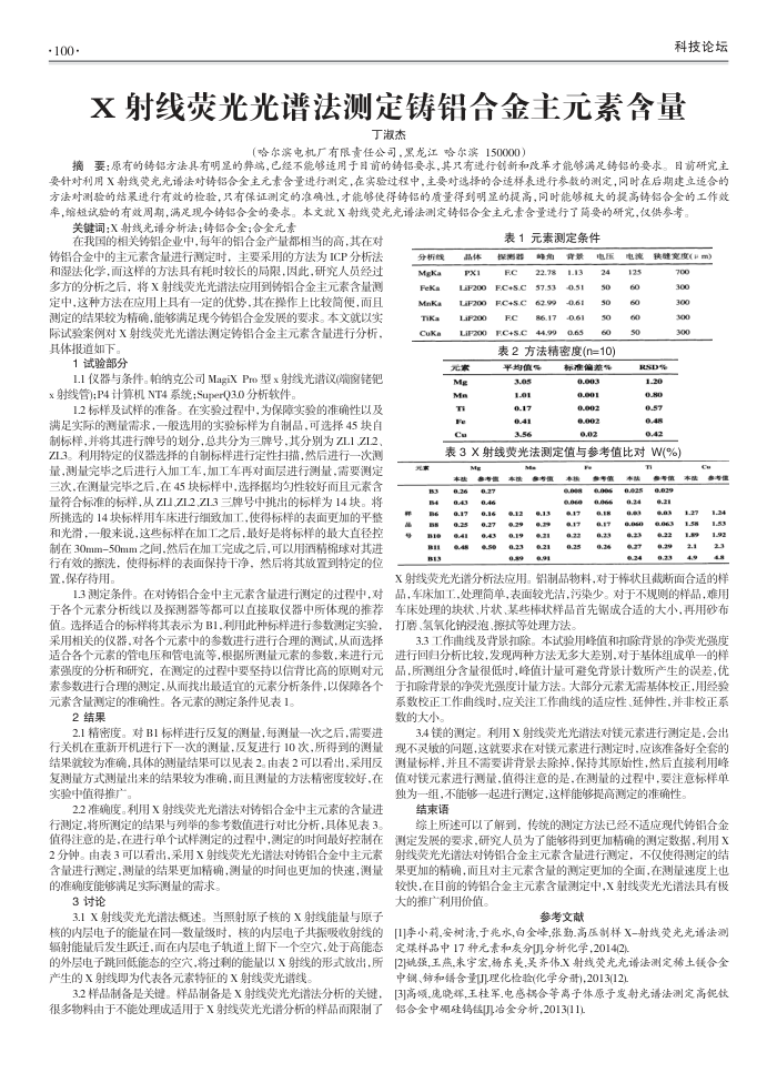 X射线荧光光谱法测定铸铝合金主元素含量