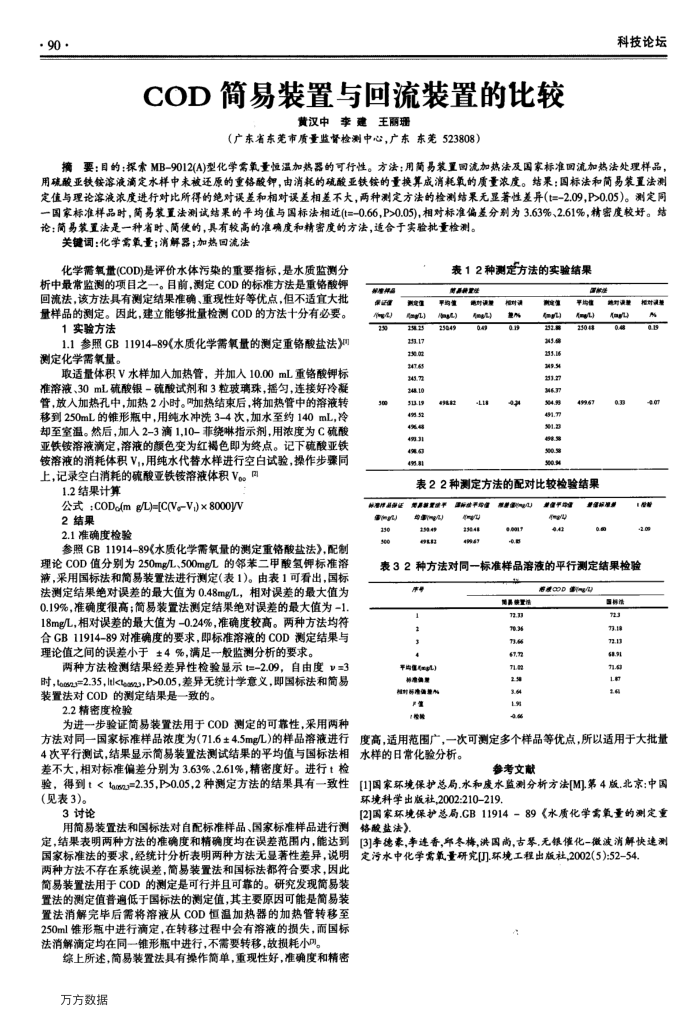 COD简易装置与回流装置的比较