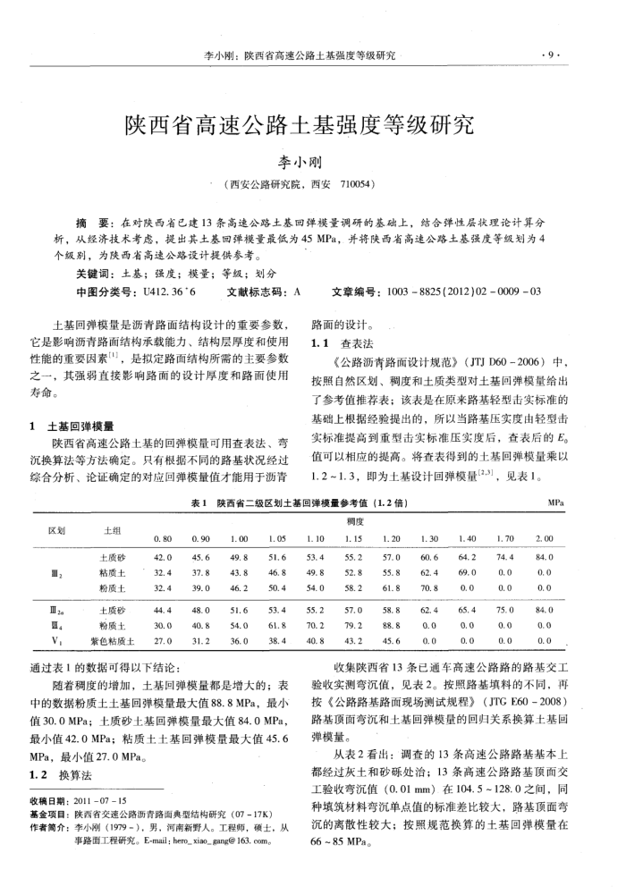 陕西省高速公路土基强度等级研究