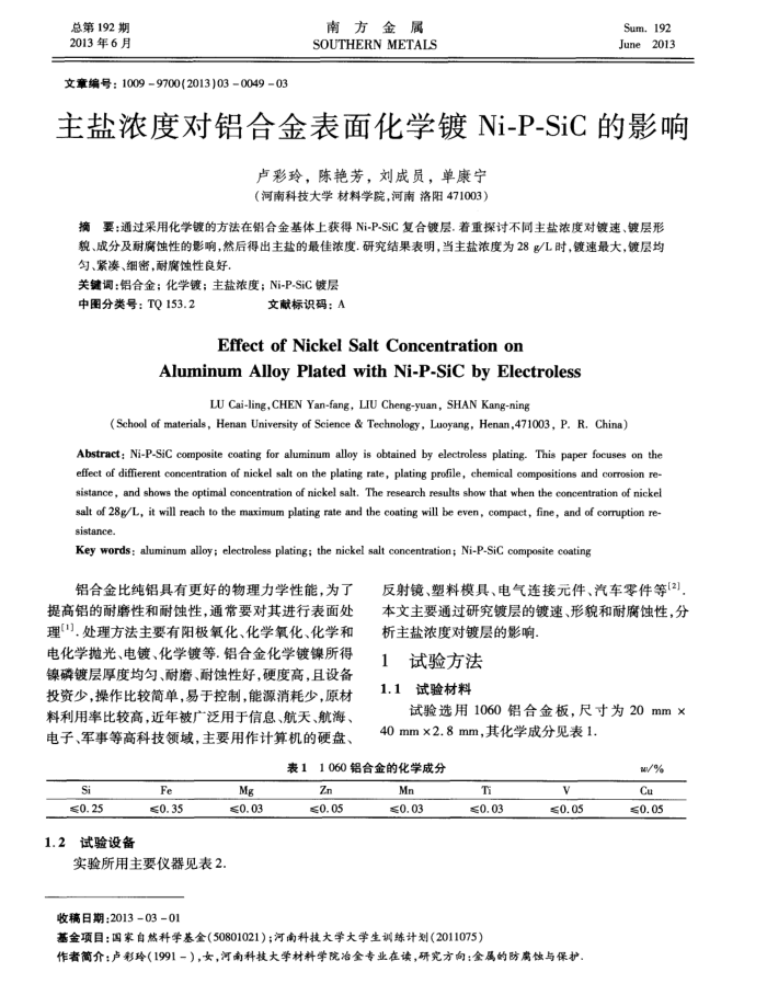 主盐浓度对铝合金表面化学镀Ni—P—SiC的影响