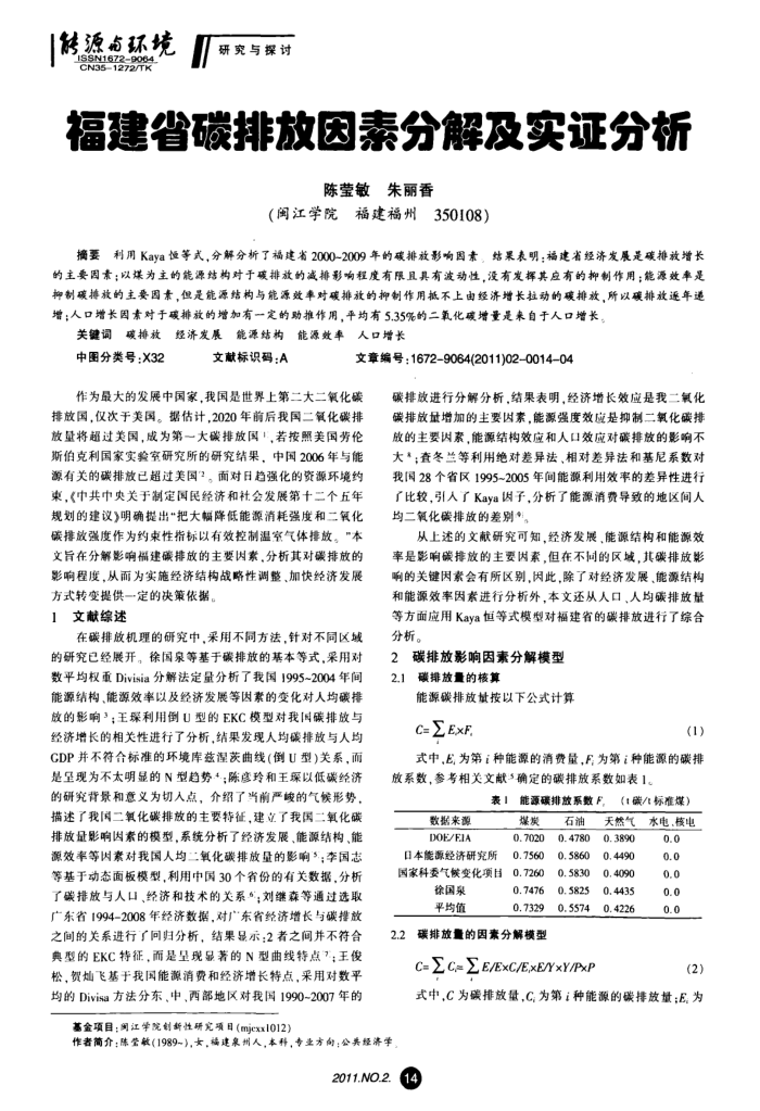 福建省碳排放因素分解及实证分析