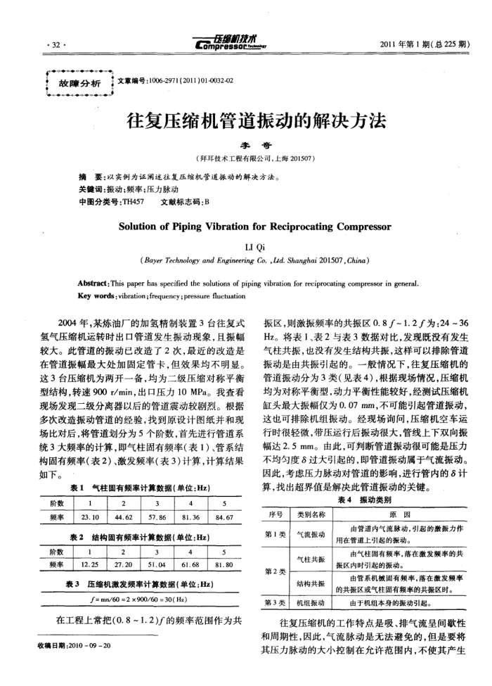 往复压缩机管道振动的解决方法