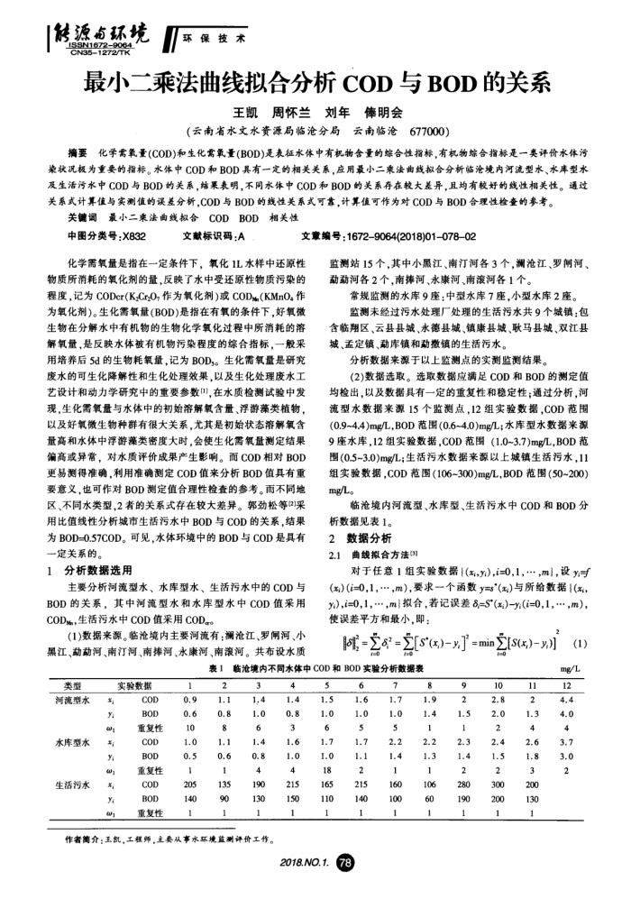 最小二乘法曲线拟合分析COD与BOD的关系