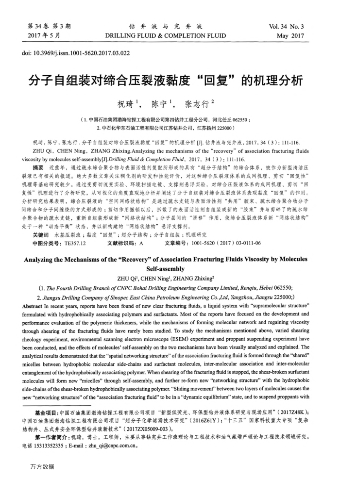 分子自组装对缔合压裂液黏度“回复”的机理分析