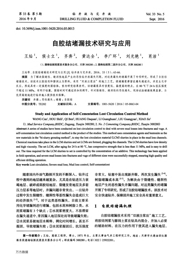 自胶结堵漏技术研究与应用