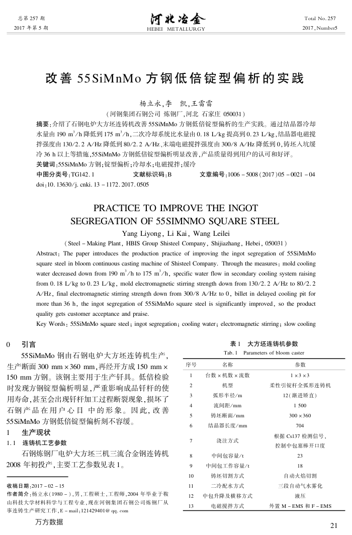 改善55SiMnMo方钢低倍锭型偏析的实践