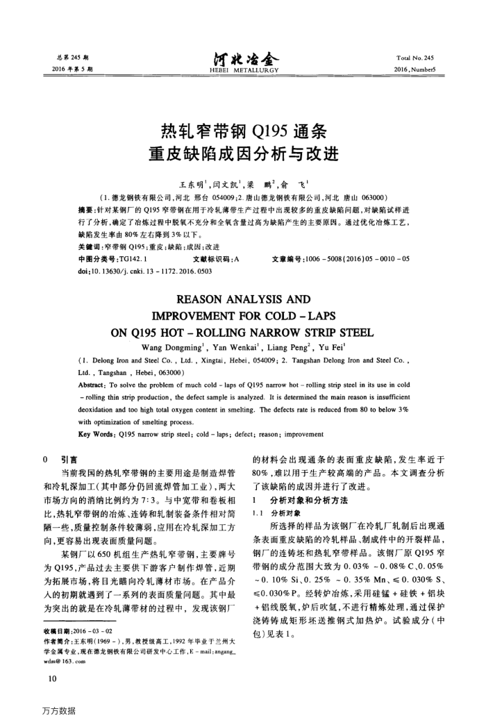 热轧窄带钢Q195通条重皮缺陷成因分析与改进