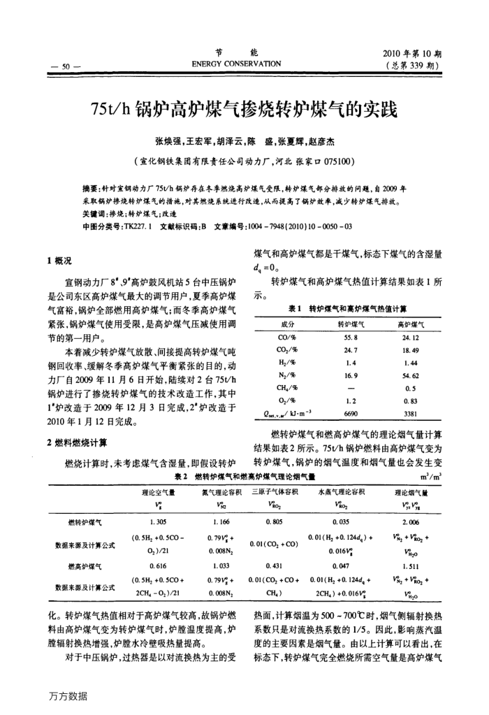 75t∕h锅炉高炉煤气掺烧转炉煤气的实践