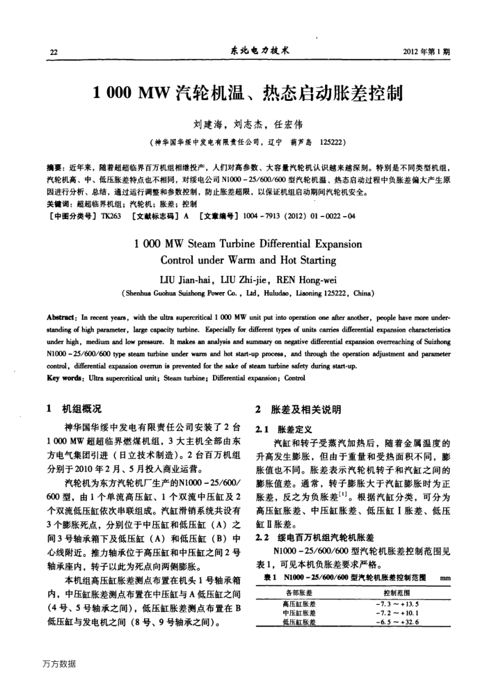 1000MW汽轮机温、热态启动胀差控制