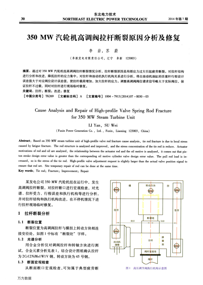 350MW汽轮机高调阀拉杆断裂原因分析及修复