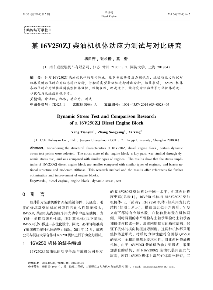 某16﹢V250﹢ZJ柴油机机体动应力测试与对比研究