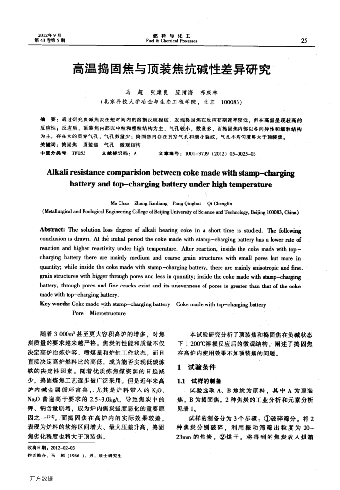 高温捣固焦与顶装焦抗碱性差异研究