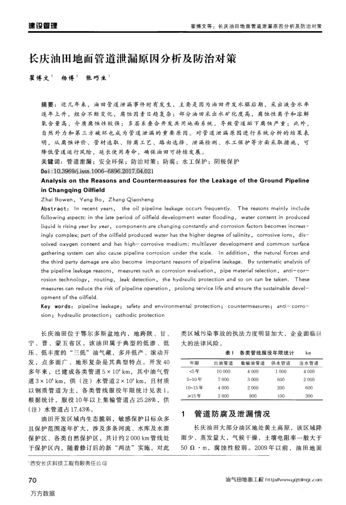 长庆油田地面管道泄漏原因分析及防治对策