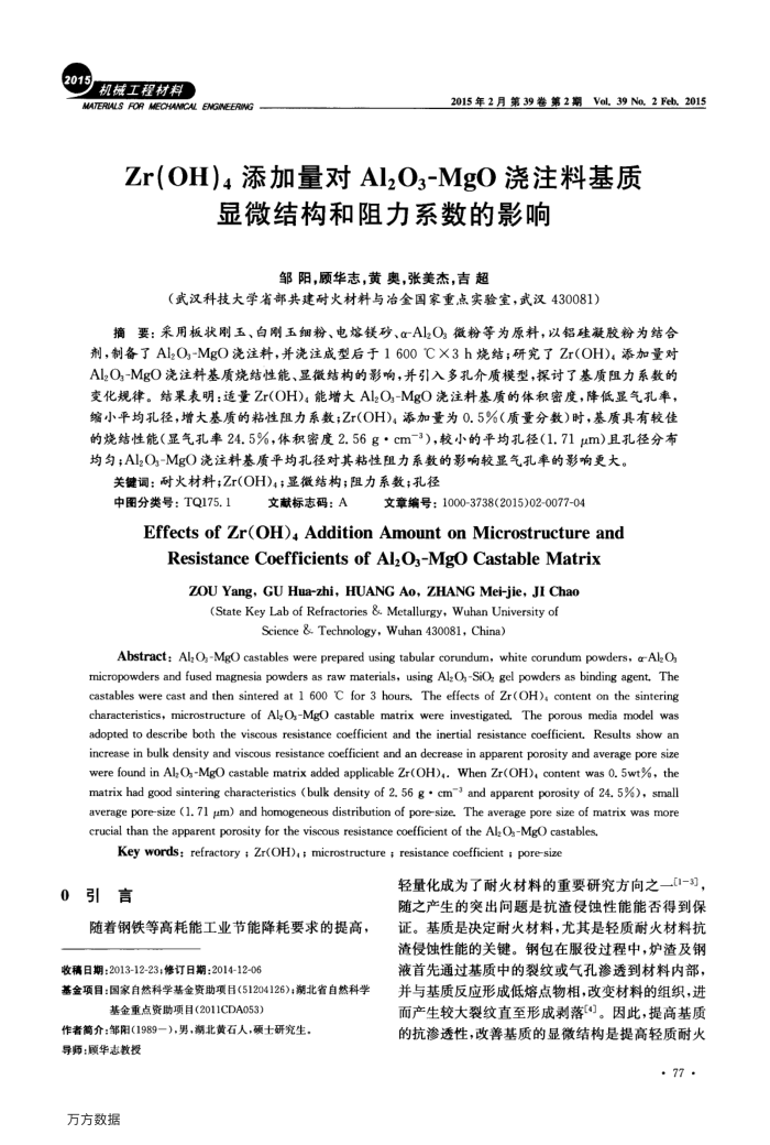 Zr(OH)4添加量对Al2O3-MgO浇注料基质显微结构和阻力系数的影响