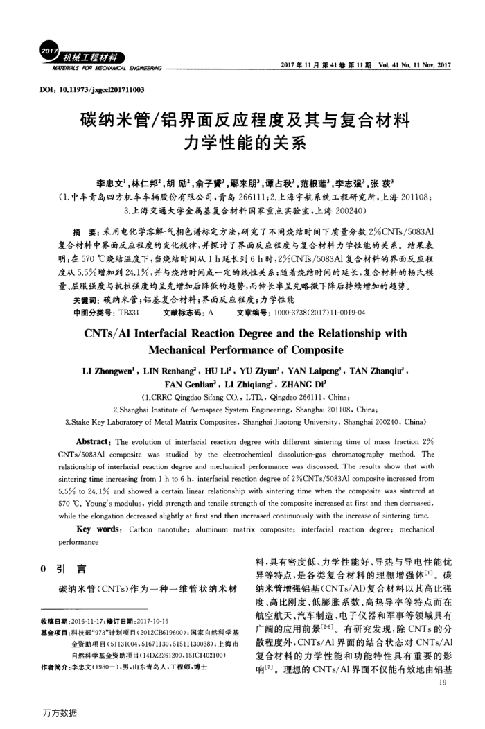 碳纳米管∕铝界面反应程度及其与复合材料力学性能的关系