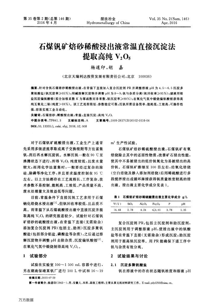 石煤钒矿焙砂稀酸浸出液常温直接沉淀法提取高纯V2O5