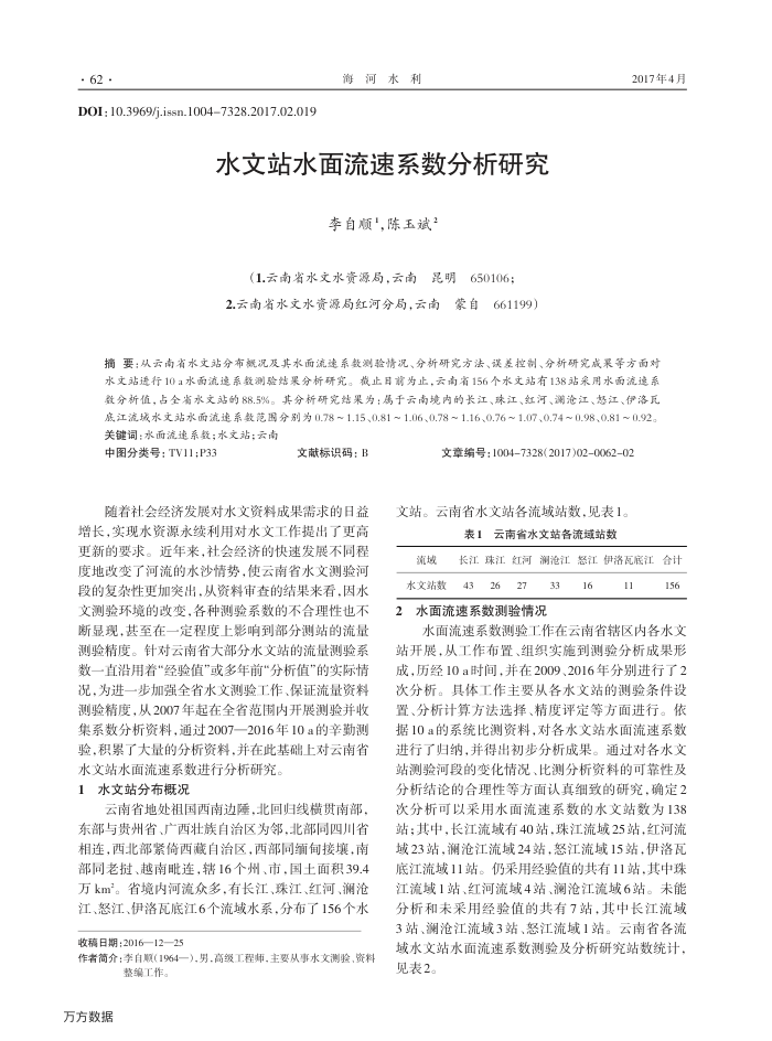 水文站水面流速系数分析研究
