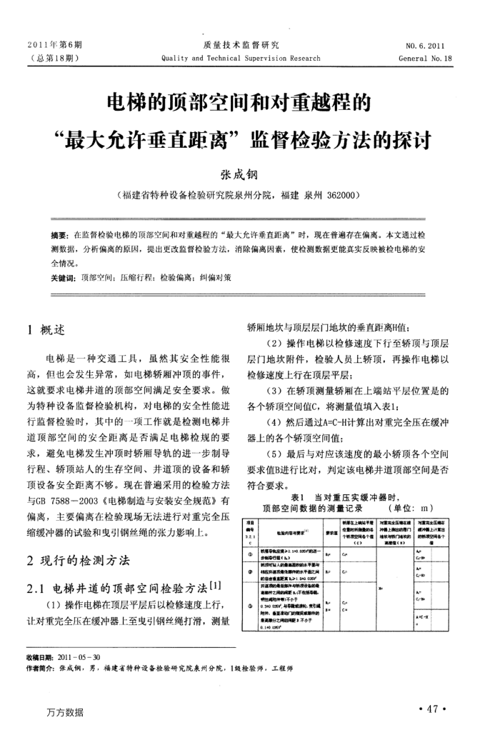电梯的顶部空间和对重越程的“最大允许垂直距离”监督检验方法的探讨