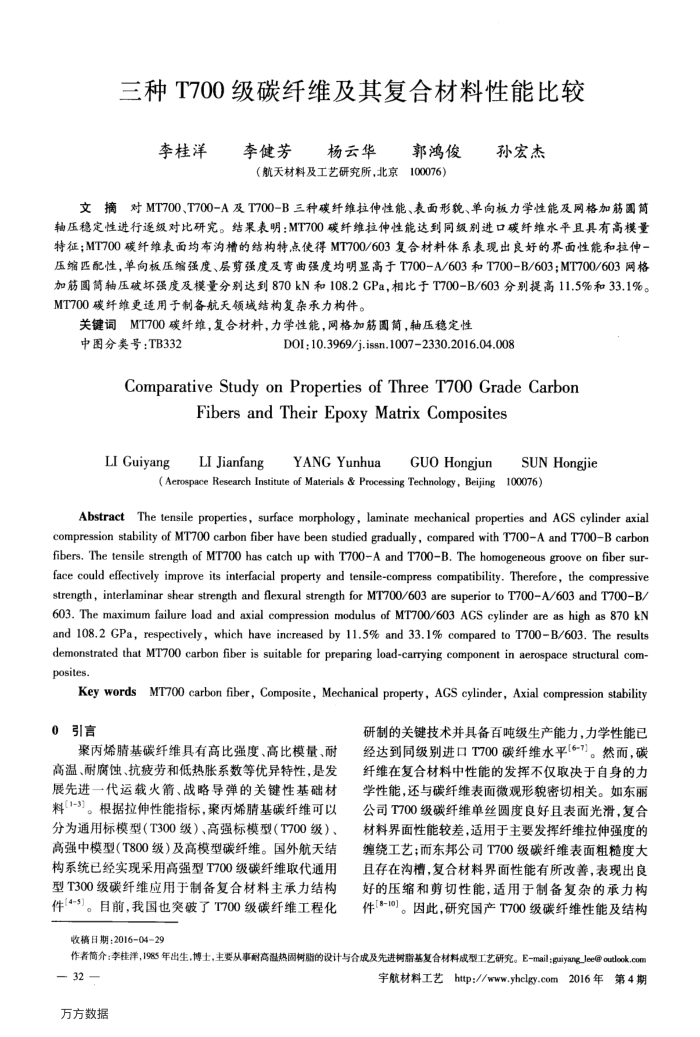 三种T700级碳纤维及其复合材料性能比较