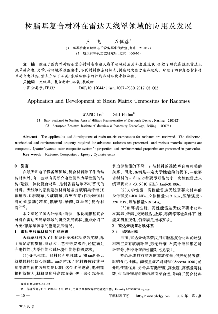 树脂基复合材料在雷达天线罩领域的应用及发展