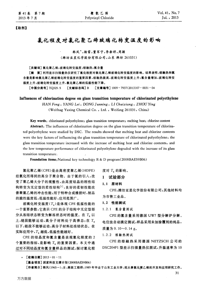 氯化程度对氯化聚乙烯玻璃化转变温度的影响