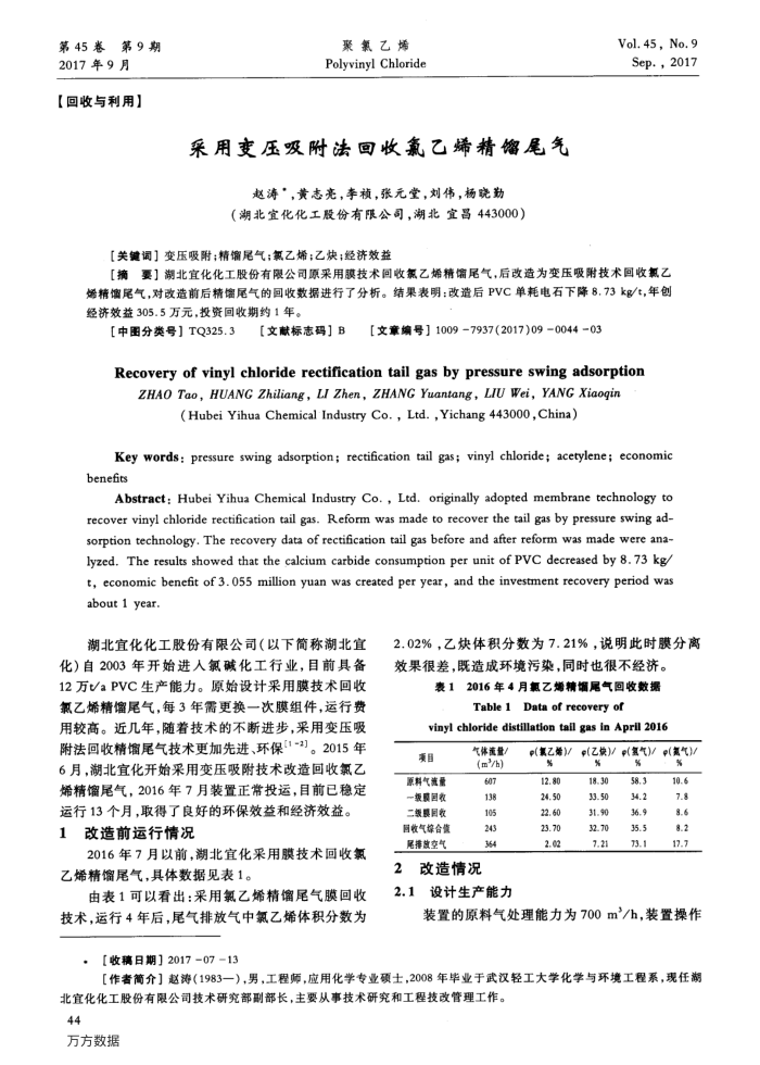 采用变压吸附法回收氯乙烯精馏尾气