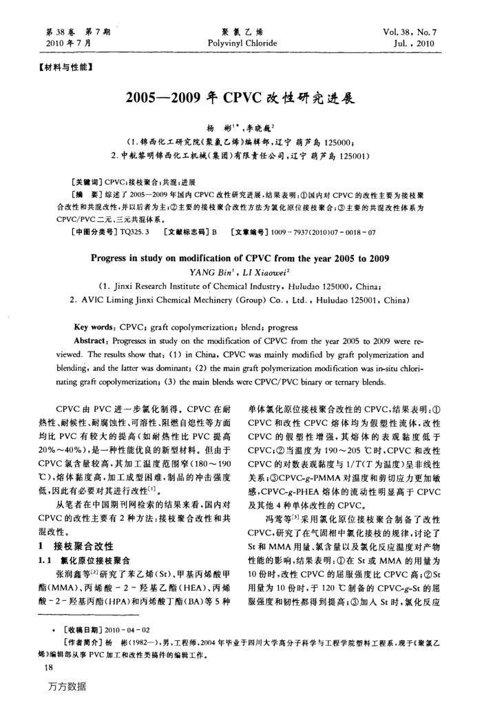 2005-2009年CPVC改性研究进展