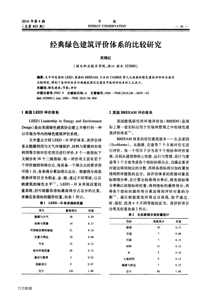 经典绿色建筑评价体系的比较研究
