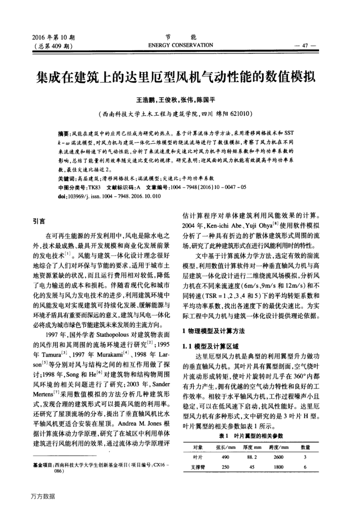 集成在建筑上的达里厄型风机气动性能的数值模拟