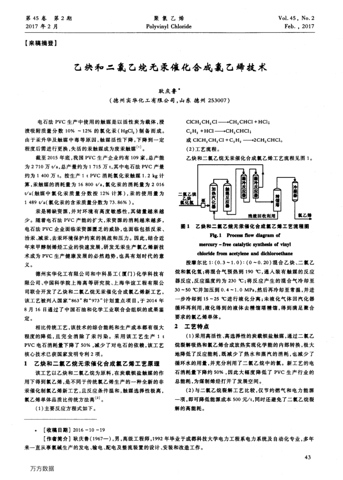 乙炔和二氯乙烷无汞催化合成氯乙烯技术
