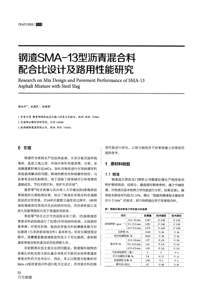 钢渣SMA-13型沥青混合配合比设计及路用性能研究