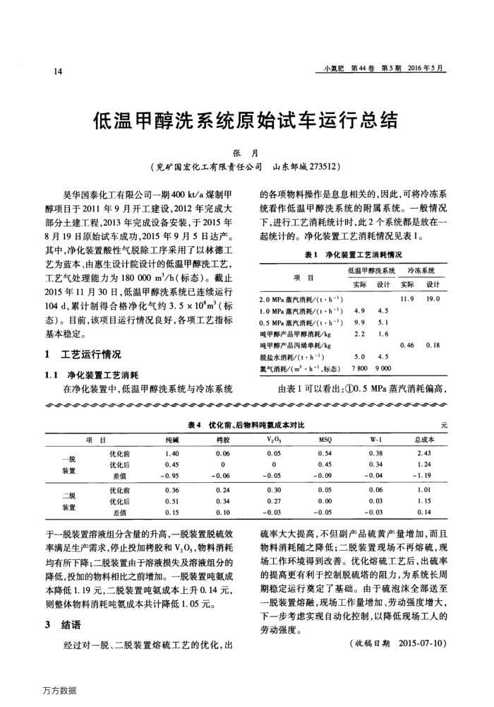低温甲醇洗系统原始试车运行总结